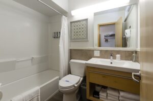 firelite lodge bathroom clean bathroom with toilet, vanity, and bath tub shower combo at firelite lodge